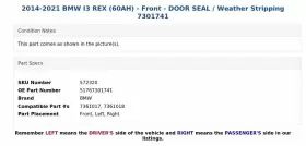 51767301741 Bmw 2014-2021 I3 Rex 60ah - Front Door Seal / Weather Stripping 7301741 #3
