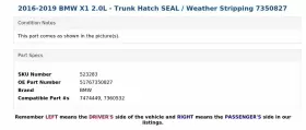 51767350827 Bmw 2016-2019 X1 2.0l - Trunk Hatch Seal / Weather Stripping 7350827 #3