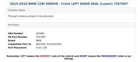 7267907 Bmw 2015-2016 228i Xdrive - Front Left Door Seal Lower #3