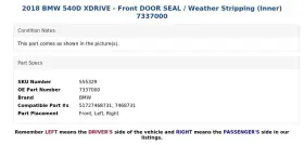 7337000 Bmw 2018 540d Xdrive - Front Door Seal / Weather Stripping Inner #3
