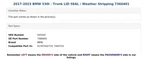 7366401 Bmw 2017-2023 530i - Trunk Lid Seal / Weather Stripping #3