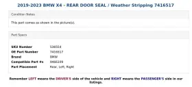 7416517 Bmw 2019-2023 X4 - Rear Door Seal / Weather Stripping #3