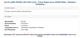 Cge500201 Land Rover 10-16 Lr4 Hse L319 - Front Right Inner Door Seal / Weather Stripping #3