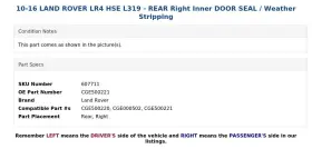 Cge500221 Land Rover 10-16 Lr4 Hse L319 - Rear Right Inner Door Seal / Weather Stripping #3