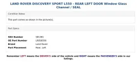 Lr058556 Land Rover Discovery Sport L550 - Rear Left Door Window Glass Channel / Seal #3