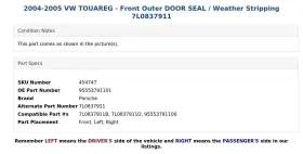 95553791101 Porsche 2004-2005 Vw Touareg - Front Outer Door Seal / Weather Stripping 7l0837911 #3