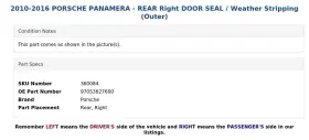 97053627600 Porsche 2010-2016 Panamera - Rear Right Door Seal / Weather Stripping Outer #2