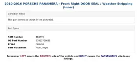 97053726601 Porsche 2010-2016 Panamera - Front Right Door Seal / Weather Stripping Inner #3 97053726601 Porsche 2010-2016 Panamera - Front Right Door Seal / Weather Stripping Inner #3