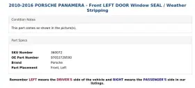 97053729500 Porsche 2010-2016 Panamera - Front Left Door Window Seal / Weather Stripping #3