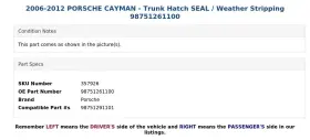 98751261100 Porsche 2006-2012 Cayman - Trunk Hatch Seal / Weather Stripping #3
