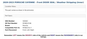 9y3831721b Porsche 2020-2023 Cayenne - Front Door Seal / Weather Stripping Inner #3 9y3831721b Porsche 2020-2023 Cayenne - Front Door Seal / Weather Stripping Inner #3