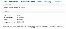11a827705b Volkswagen 2021-2023 Vw Id.4 - Trunk Hatch Seal / Weather Stripping #3