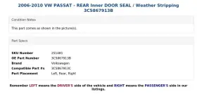 3c5867913b Volkswagen 2006-2010 Vw Passat - Rear Inner Door Seal / Weather Stripping #2