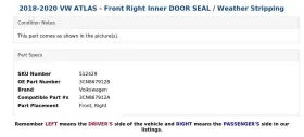 3cn867912b Volkswagen 2018-2020 Vw Atlas - Front Right Inner Door Seal / Weather Stripping #3