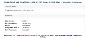 3d7867367e Volkswagen 2004-2006 Vw Phaeton - Rear Left Inner Door Seal / Weather Stripping #2