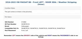 561867911g Volkswagen 2016-2022 Vw Passat B8 - Front Left Door Seal / Weather Stripping Inner #3