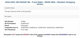 561867912g Volkswagen 2016-2022 Vw Passat B8 - Front Right Door Seal / Weather Stripping Inner #3