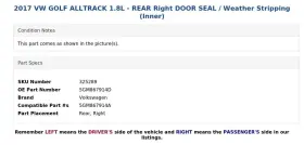 5gm867914d Volkswagen 2017 Vw Golf Alltrack 1.8l - Rear Right Door Seal / Weather Stripping Inner #2