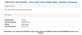 5n0837701a Volkswagen 2009-2017 Vw Tiguan - Front Left Outer Door Seal / Weather Stripping #3