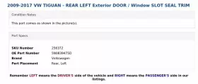 5n0839475d Volkswagen 2009-2017 Vw Tiguan - Rear Left Exterior Door / Window Slot Seal Trim #3