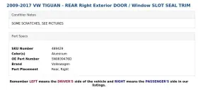 5n0839476d Volkswagen 2009-2017 Vw Tiguan - Rear Right Exterior Door / Window Slot Seal Trim #3