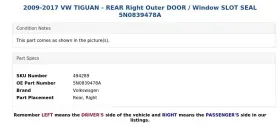 5n0839478a Volkswagen 2009-2017 Vw Tiguan - Rear Right Outer Door / Window Slot Seal #3