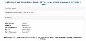 7p0839475g Volkswagen 2013-2018 Vw Touareg - Rear Left Exterior Door Window Slot Seal / Trim #3
