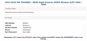 7p0839476g Volkswagen 2013-2018 Vw Touareg - Rear Right Exterior Door Window Slot Seal / Trim #3